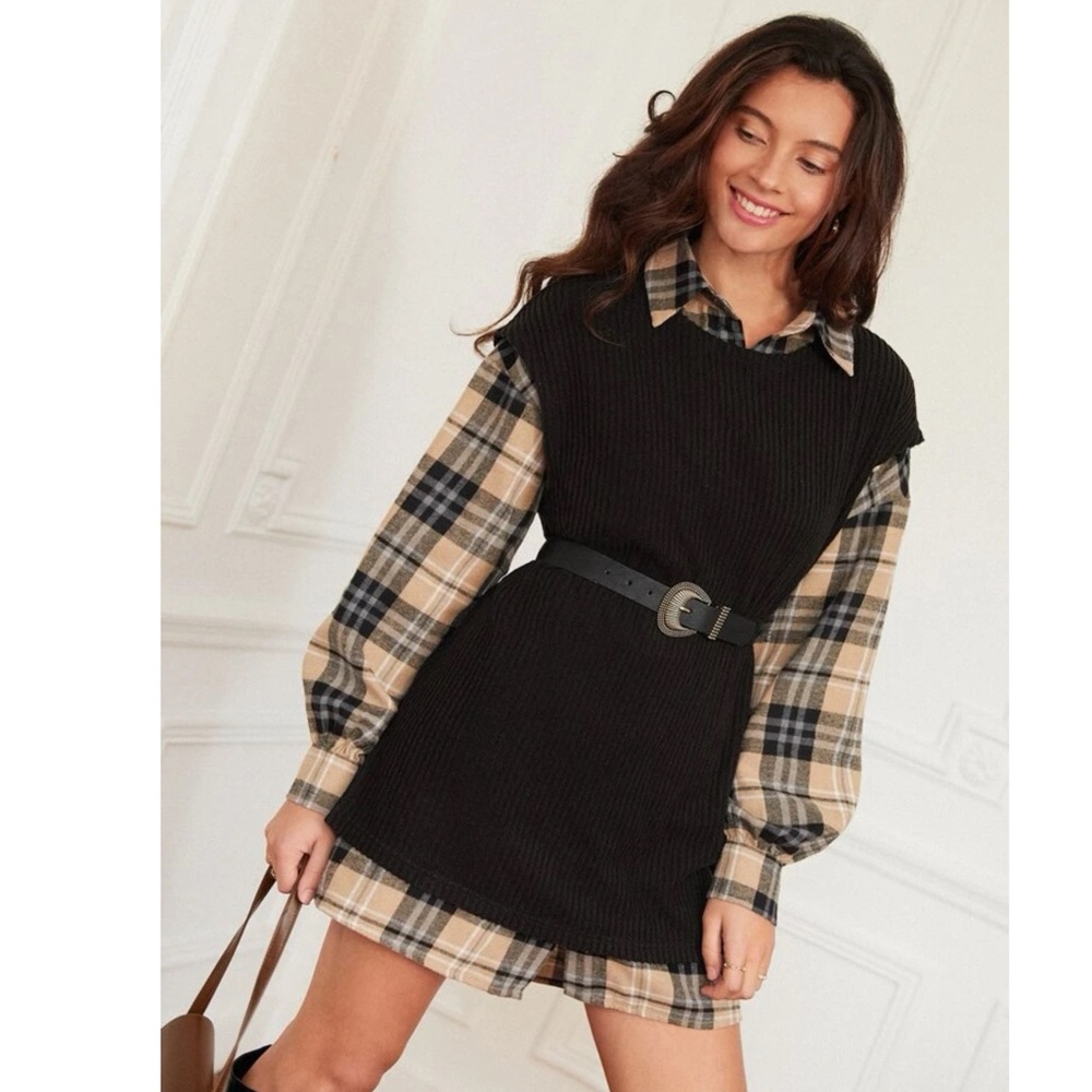 Plaid Layered Black Dress